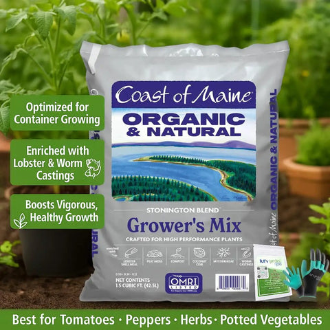 Bag of Coast of Maine Grower's Mix with text highlighting benefits and features, plants in background, claw gardening gloves visible