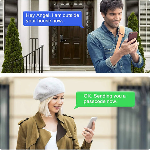 Two people texting about access using Fingerprint Smart Door Lock With Handle And Keypad No More Lost Keys Keyless Entry And Remote Access