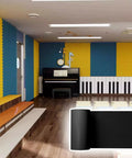 Self Adhesive Acoustic Foam Panels Black Roll Soundproof Wall And Ceiling Noise Dampening installed in a home studio with colorful walls.