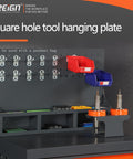 Square hole tool hanging plate with storage bins, ideal for organizing tools, part of Shop Ready CNC Tool Holder Cabinet With Door.