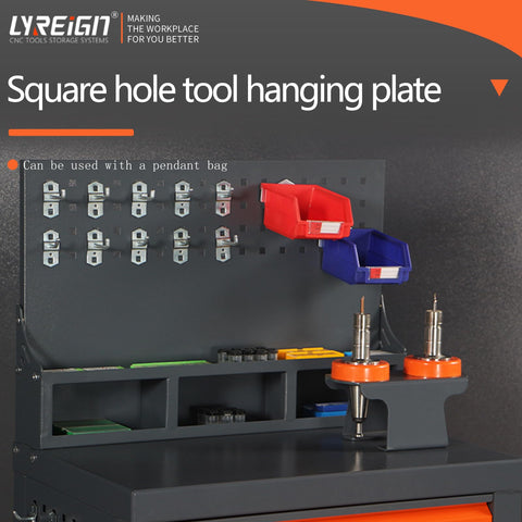 Square hole tool hanging plate with storage bins, ideal for organizing tools, part of Shop Ready CNC Tool Holder Cabinet With Door.