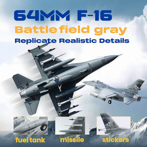 RC Jet Fighter F16 Fighting Falcon 64mm EDF Airplane for Grownups in battlefield gray showing fuel tank, missile, stickers