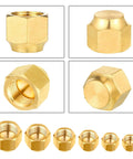 Brass pipe cap nuts for compression fittings, 6-piece set (1/4–3/4 in OD) shown from multiple angles