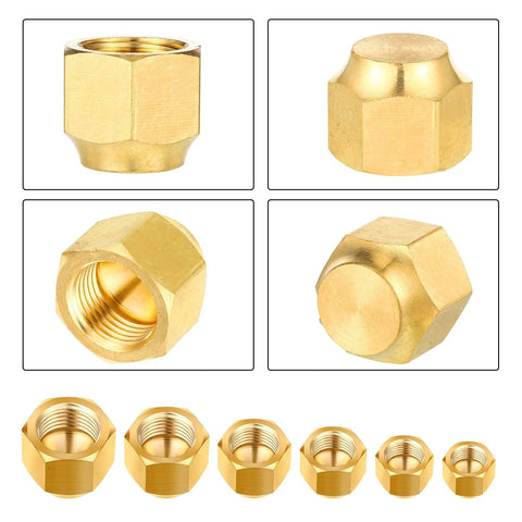 Brass pipe cap nuts for compression fittings, 6-piece set (1/4–3/4 in OD) shown from multiple angles