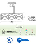Technical diagram of Sienna 15 Inch Sleek Modern Lattice Drum Semi Flush Mount Ceiling Light 3-Light Silver Finish, featuring dimensions and bulb compatibility.