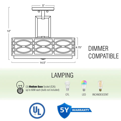 Technical diagram of Sienna 15 Inch Sleek Modern Lattice Drum Semi Flush Mount Ceiling Light 3-Light Silver Finish, featuring dimensions and bulb compatibility.