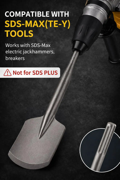 SDS Max Clay Spade Bit 4.5 By 17 Inch Heavy Duty 40CrMo Steel Shovel Bit attached to rotary hammer for tough clay soil digging