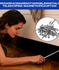 Woman using Telescoping Magnetic Pickup Tool 40 Lb Pull Heavy Duty with 30 Inch Reach under furniture to retrieve screws