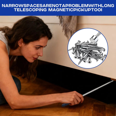 Woman using Telescoping Magnetic Pickup Tool 40 Lb Pull Heavy Duty with 30 Inch Reach under furniture to retrieve screws