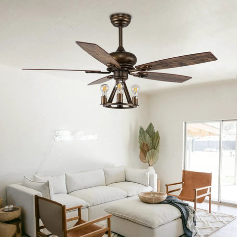 Farmhouse Ceiling Fan With Light And Remote Control 52 Inch Brown Industrial Style Ceiling Fan With 5 Reversible Wooden Blades