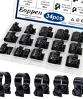 Front view of Eoppen 34-piece fuel line hose clamp kit in clear case with black metal clamps (8-18 mm).
