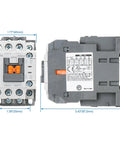 Front and side view of Beefed Up Heavy Duty Magnetic Contactor 3 Pole 40A Ith With 110/120V AC Coil, dimensions labeled.