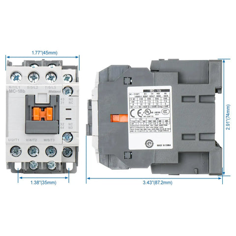 Front and side view of Beefed Up Heavy Duty Magnetic Contactor 3 Pole 40A Ith With 110/120V AC Coil, dimensions labeled.