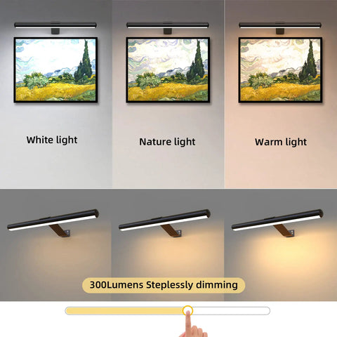 Rechargeable Magnetic LED Picture Light With Remote Dimmable Wall Art Lighting Full Metal Housing displaying three color temperatures