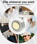 Clip On Fan Portable Wearable Bladeless Personal Fan USB Rechargeable 360 Degree Rotating 3 Speed Silent displayed on clothing