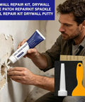 Person using Drywall Repair Kit With Scraper For Easy Patch And Crack Repair Patch For Nail Holes Small Dents And Tile Gaps Instant Wall Hole Filler That Dries Smooth And Paint Ready No Mess.