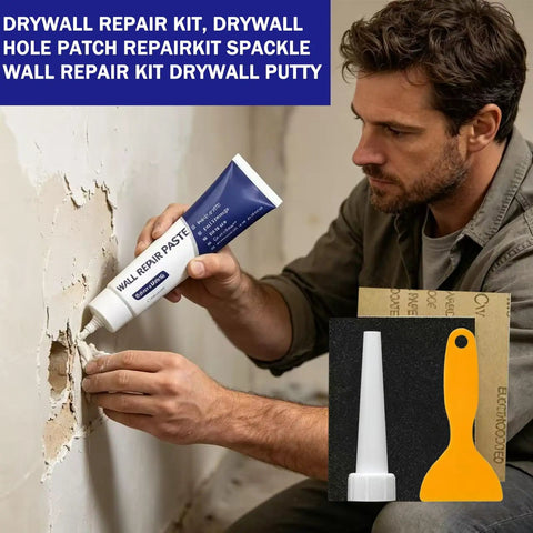 Person using Drywall Repair Kit With Scraper For Easy Patch And Crack Repair Patch For Nail Holes Small Dents And Tile Gaps Instant Wall Hole Filler That Dries Smooth And Paint Ready No Mess.