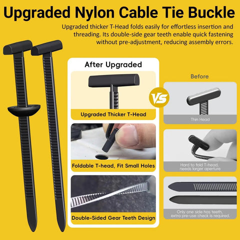 Upgraded heavy duty nylon universal cable tie buckles with thicker T-head and double-sided gear for cars and home garages.