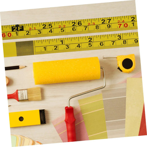 Peel And Stick Measuring Tape Ruler With Double Scale Metric And Imperial Marks Solid For Router Tables And Craft Tasks Clear Numbers That Get The Job Done Quick Pack Of Three Forty Inch Adhesive Strips on a work surface with painting tools.