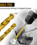 Close-up of drill using 10 Piece Screw Extractor Set With HSS Left Hand Drill Bits For Stripped, Rusted, Broken Screws on metal surface.
