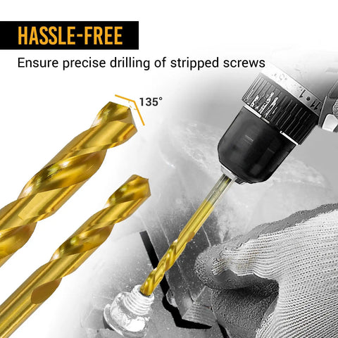 Close-up of drill using 10 Piece Screw Extractor Set With HSS Left Hand Drill Bits For Stripped, Rusted, Broken Screws on metal surface.