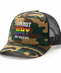 Not Gay But 20 Is 20 Funny Yet Bold Cool Hats For Men And Women Unisex Golf Trucker Cap Camouflage Mesh Ventilated Side View