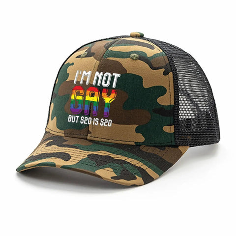 Not Gay But 20 Is 20 Funny Yet Bold Cool Hats For Men And Women Unisex Golf Trucker Cap Camouflage Mesh Ventilated Side View