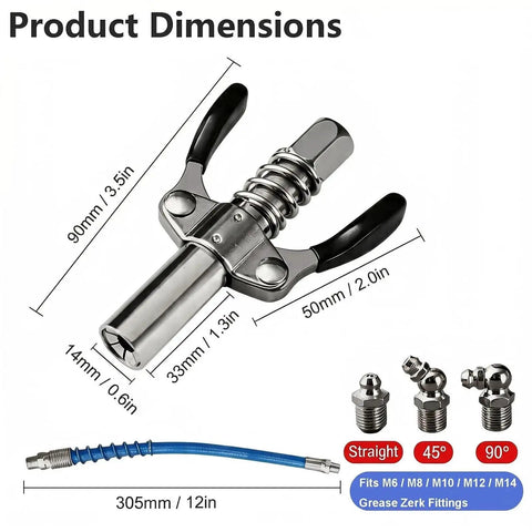 Heavy Duty Grease Gun Coupler Kit With 12 Inch Flexible Hose And Double Handle G Coupler Built Tough 10000 PSI Leak Proof Attachment dimensions