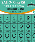 Front view of SAE O-Ring Kit: 1086 Buna-N rubber O-rings in 32 sizes (006–212) arranged in grid.