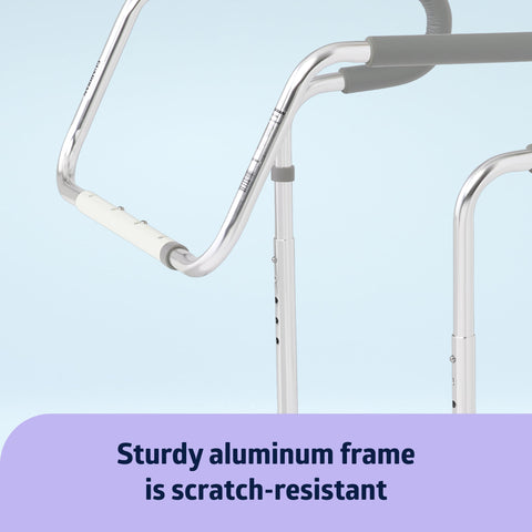 Close-up of the sturdy aluminum frame of the Adjustable Toilet Safety Rail For Medical Patients And Care Facilities Rock Solid Mount Fits Standard Or Elevated Seats Height Range 26 To 31 Inches Hospital Grade Support For Hospitals And Nursing Homes