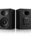 80W Peak Bluetooth 5.3 Bookshelf Speakers with 4 Inch Woofer and 1 Inch Silk Dome Tweeter, front and rear view on white background