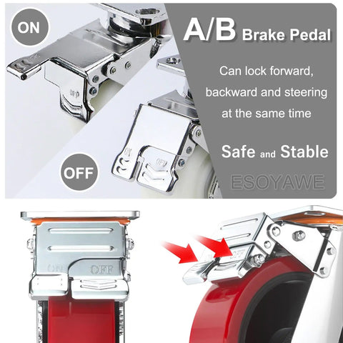 Heavy Duty Polyurethane Caster Wheels Set Of 4 With Locks showcasing A/B brake pedal for secure locking and steering.