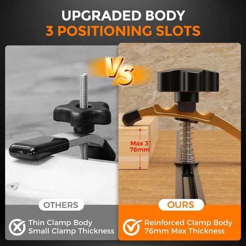 Comparison of extended 5-3/8 inch T-slot hold down clamps showing thin versus reinforced clamp body for CNC routers.