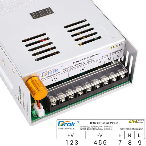 Adjustable DC Power Supply 0 To 24V, 20A Buck Converter From 110/220V AC To Regulated 24V DC shown with digital display