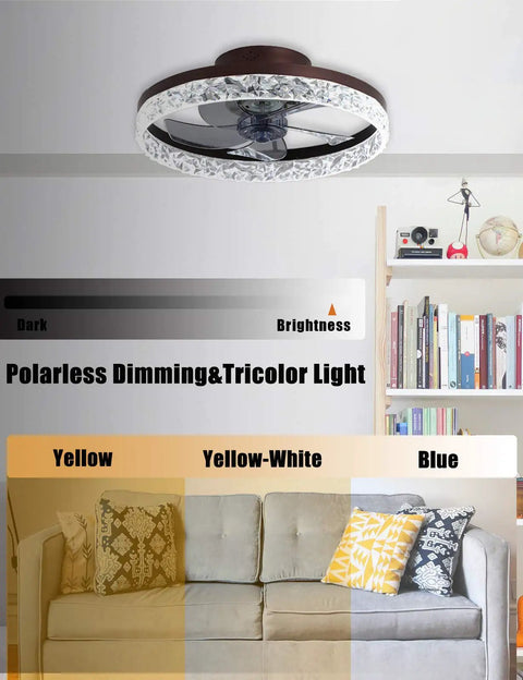Sleek Low Profile Ceiling Fan With Light And Remote, 19.7 Inch Flush Mount, Dimmable LED, Brown Finish on ceiling in living room