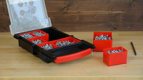 Pocket Hole Screw Kit 1000 Piece Self Tapping Zinc Plated Set with No 2 Square Drive Bit in red and black organizer box