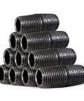 Beefy One Half Inch Black Steel Pipe Nipple Set, 10 Pack, arranged in pyramid for DIY furniture and shelving use.