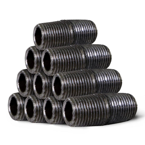 Beefy One Half Inch Black Steel Pipe Nipple Set, 10 Pack, arranged in pyramid for DIY furniture and shelving use.