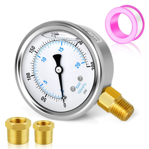 Stainless Steel Liquid Filled Pressure Gauge With 2.5 Inch Dial And Lower Mount For Rugged Lines, 0 To 300 Psi Range, One Quarter Inch NPT