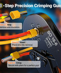 Close-up of All In One Ferrule Crimping Tool Kit With Self Adjusting Ratchet showing 3-step guide for AWG 28 to 5 ferrules.