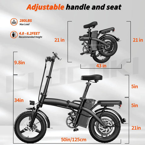 City Slicker Foldable Electric Bike For Adults And Commuters With 500W Motor And 25 MPH Top Speed 48V 12Ah Battery Delivers About 35 Mile Range Handles 30 Degree Hills Three Level Pedal Assist 14 Inch Wheels Dual Disc Brakes UL 2849 Certified, side view with dimensions
