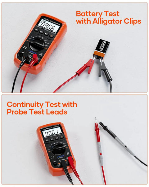 Digital Multimeter 6000 Counts With DC And AC Voltage And Current Resistance Capacitance Frequency Duty Cycle Continuity And Diode Testing NCV Live Wire Detection Auto Range Durable Handy Tool For Pros And DIY testing battery and continuity with clips and leads