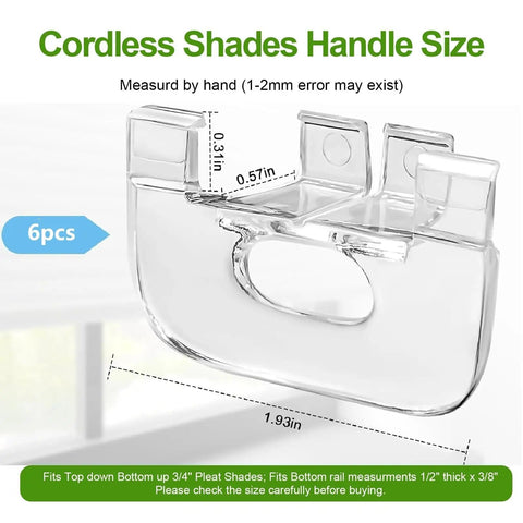 Six Pack Cordless Honeycomb Shade Lift Handles Replacement Parts for Top Down Bottom Up Blinds with dimensions.