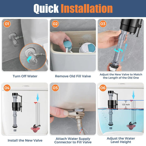 Universal Toilet Flusher Replacement Kit With Adjustable Fill Valve, Water Saving Quiet Anti Siphon Inside Tank 2 Inch Flapper No Hassle Install Red 1 Pack, fill valve and flapper install steps