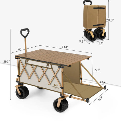 Collapsible Folding Wagon With Built In Table And All Terrain Heavy Duty Utility Cart For Camping Beach Garden And Sports Open Tailgate Design Beige Portable, dimensions shown
