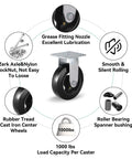 Heavy Duty 6 Inch Plate Caster Wheels With Rubber On Cast Iron Core, 1000 Lb Per Caster Capacity, product features diagram.