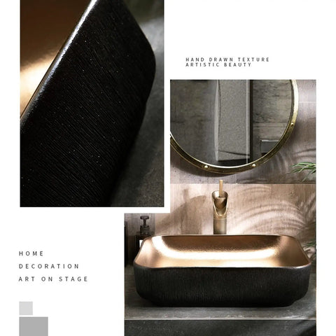 USZWBY Vessel Sinks Bathroom Sink, Art Ceramic Rectangular Vessel Basin Vanity, Under Cabinet Countertop for, Black Bathroom Bowl Sink with gold interior.