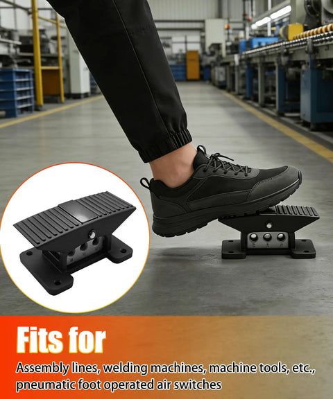 Five Way Three Position Pneumatic Foot Valve With One Quarter Inch NPT Thread Rubber Nonslip Pedal Switch in use on shop floor