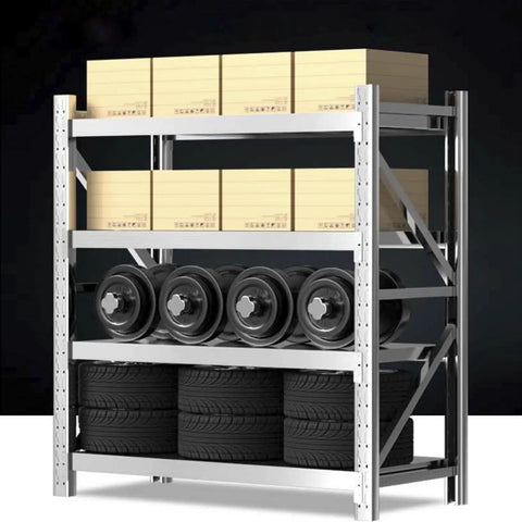 Rock Solid Heavy Duty Garage Shelving Four Tier Commercial Steel Storage Rack Industrial Grade Metal Organizer For Home Pantry Kitchen And Workshop With Heavy Gauge Steel Construction And Cross Bracing, storing boxes and tires.