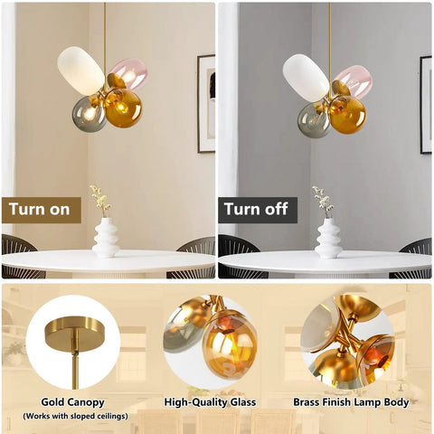 Modern Colorful Glass Pendant Lights With Gold Globe Finish, Stained Glass Balloon Chandeliers For Kitchen Island And Kids Room
